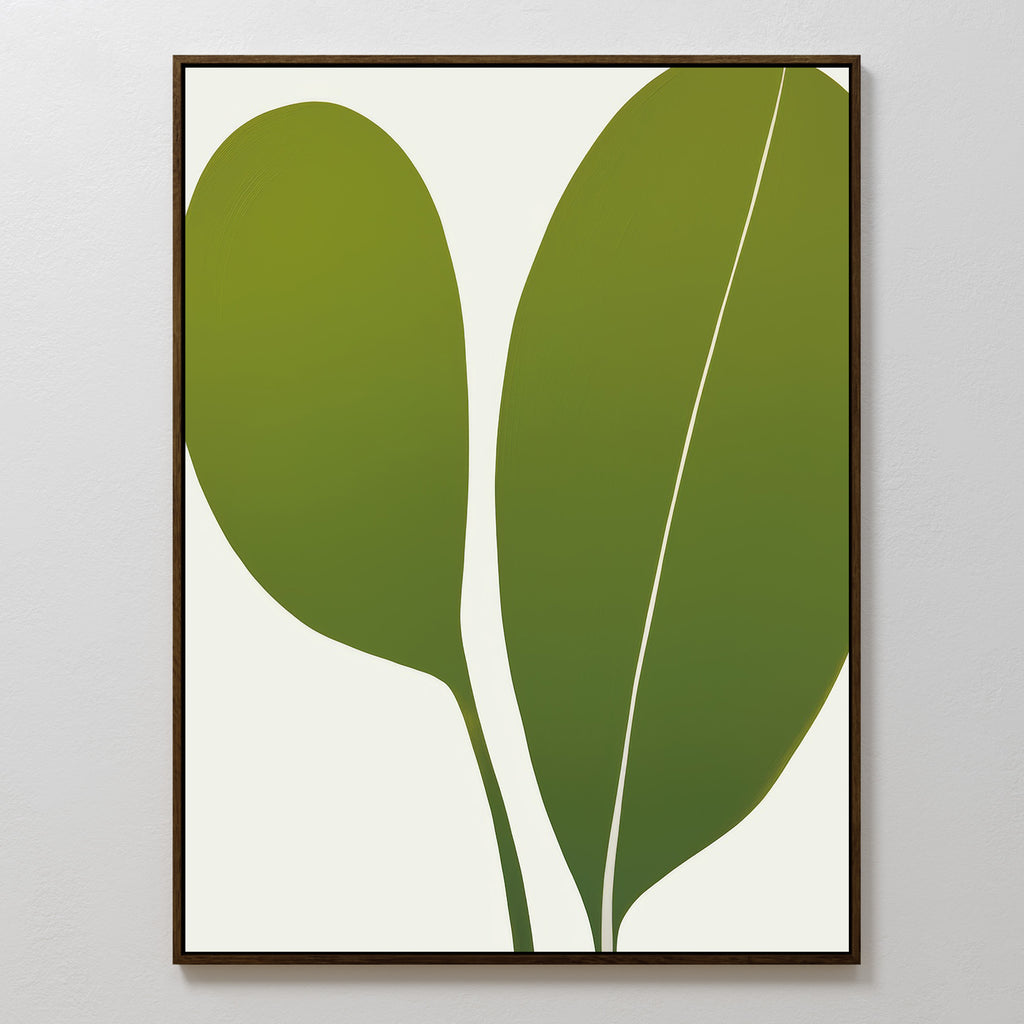 Verdant Duo Abstract Canvas Art showcases two overlapping green leaves with slender stems on a plain white background, framed with a dark thin border—ideal for adding a modern touch to your living room decor.