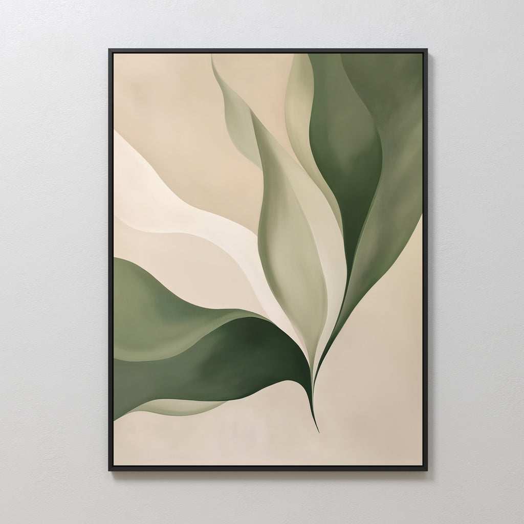 Verdant Grace framed minimalist wall art showcases overlapping green and beige leaves on a neutral background, ideal for living room decor and displaying on light-colored walls.