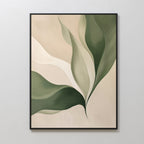 Verdant Grace framed minimalist wall art showcases overlapping green and beige leaves on a neutral background, ideal for living room decor and displaying on light-colored walls.
