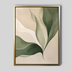 Verdant Grace is a framed abstract painting with bold green and cream leaf shapes on a beige background. The sleek gold frame adds a modern touch, making it ideal minimalist wall art for your living room decor.