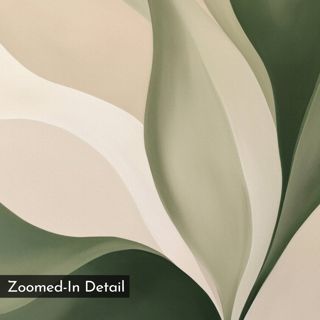 Verdant Grace showcases abstract, flowing shapes in muted green and beige. The organic forms, reminiscent of leaves or petals, make this minimalist wall art ideal for living rooms. "Zoomed-In Detail" appears in the lower left corner.