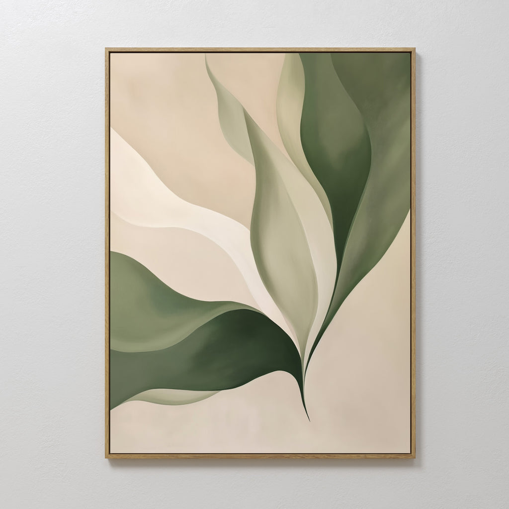 Verdant Grace: minimalist wall art with abstract green and cream leaves, soft curves, and gradient shading on a beige background in a thin gold frame—an elegant accent for living room decor on white walls.