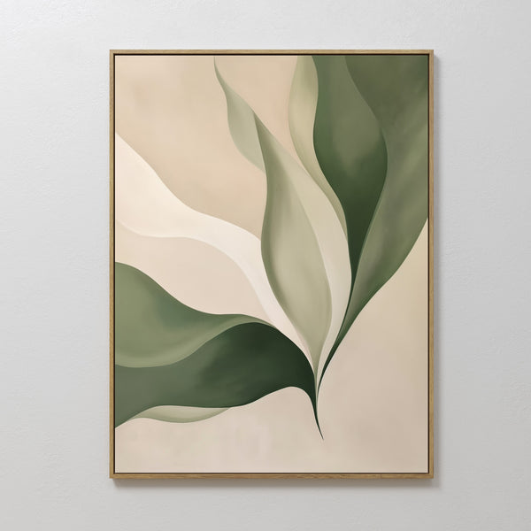 Verdant Grace: minimalist wall art with abstract green and cream leaves, soft curves, and gradient shading on a beige background in a thin gold frame—an elegant accent for living room decor on white walls.