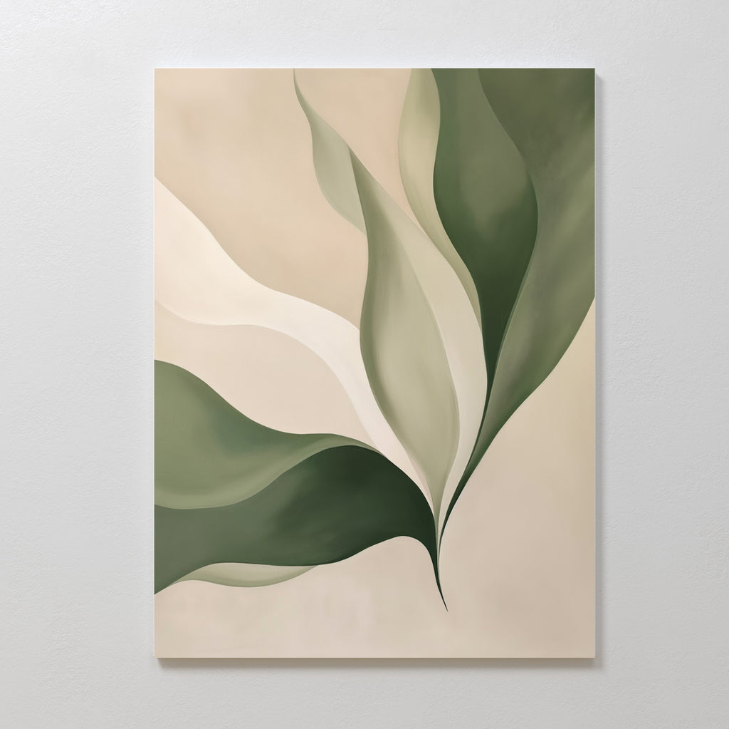 Verdant Grace is an abstract painting with overlapping green and beige leaf-like shapes on a soft, light background—ideal minimalist wall art for a calming living room.