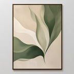 Verdant Grace is an abstract painting featuring overlapping green and beige leaves with soft, flowing lines on a light neutral background, framed by a slim dark border—perfect minimalist wall art for modern living rooms.