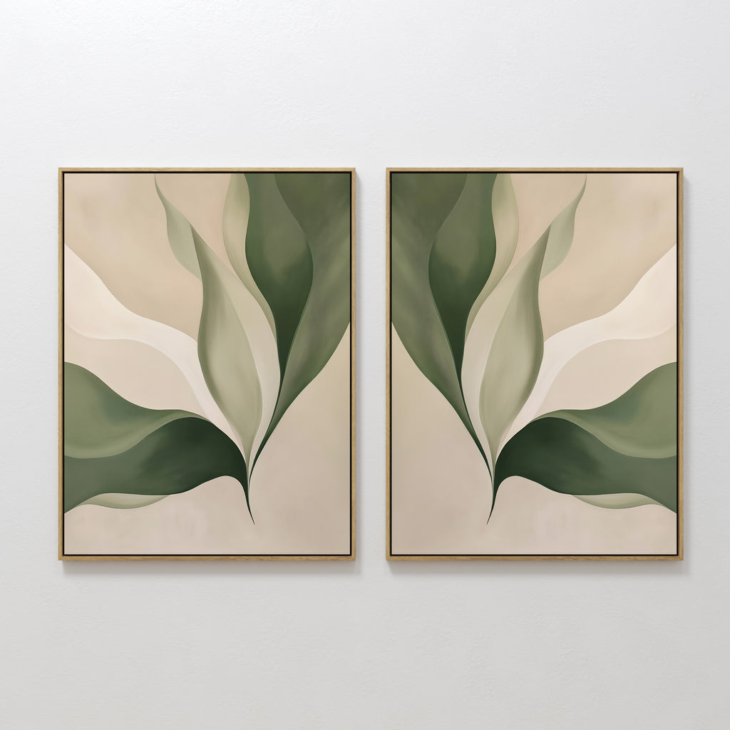 The Verdant Grace Set of 2 features framed abstract art with layered green and beige leaves on a light background, ideal minimalist wall decor to enhance your living room.