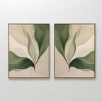 The Verdant Grace Set of 2 features framed abstract art with layered green and beige leaves on a light background, ideal minimalist wall decor to enhance your living room.