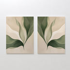 The Verdant Grace Set of 2 features minimalist wall art with soft, overlapping green and beige leaf shapes on a neutral background. Mirrored abstract designs create a harmonious look, ideal for enhancing your living room decor.