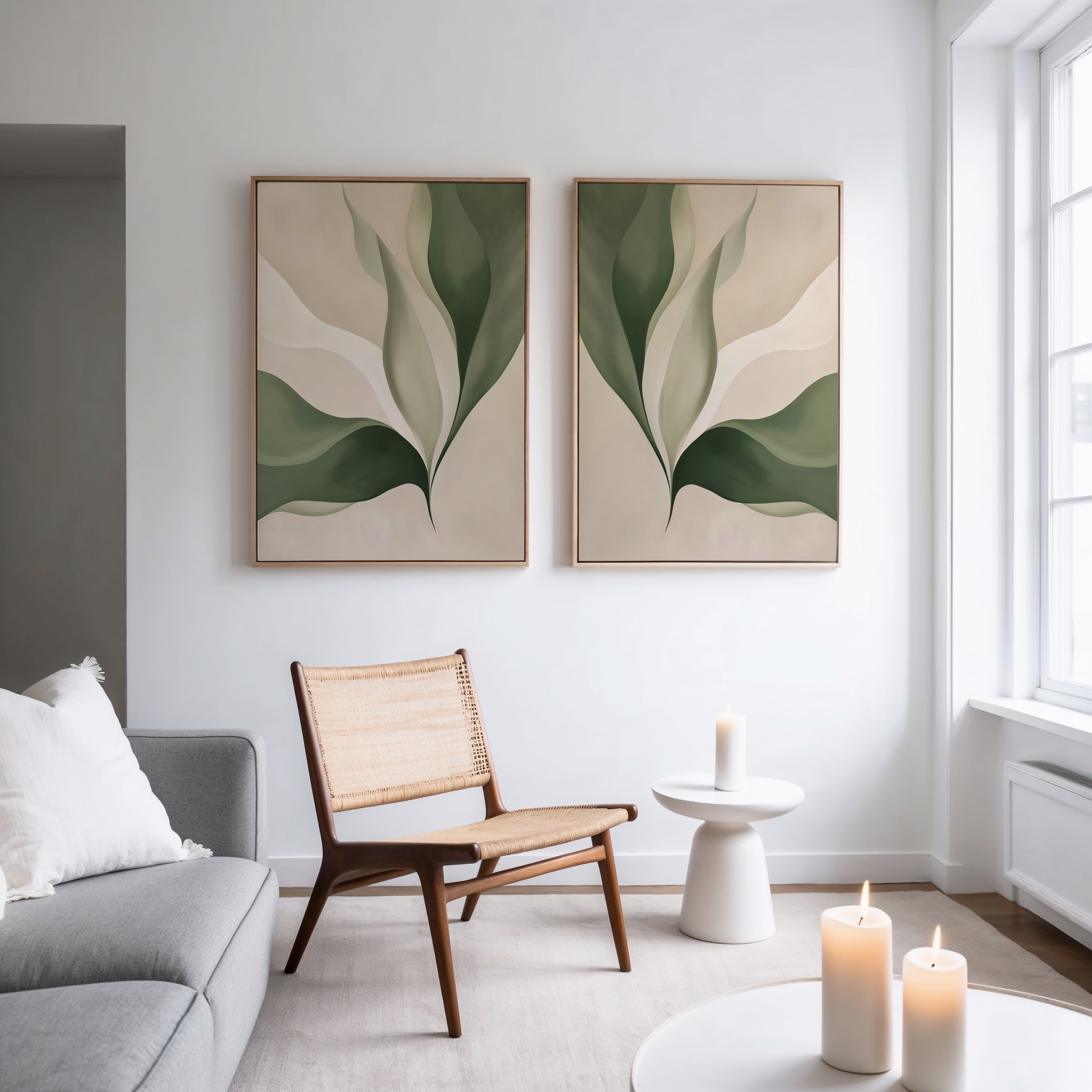 A stylish living room features a woven chair, small white table, candles, gray sofa, and two minimalist Verdant Grace Set of 2 wall art pieces with abstract green leaves. Natural light from a tall window enhances the decor.