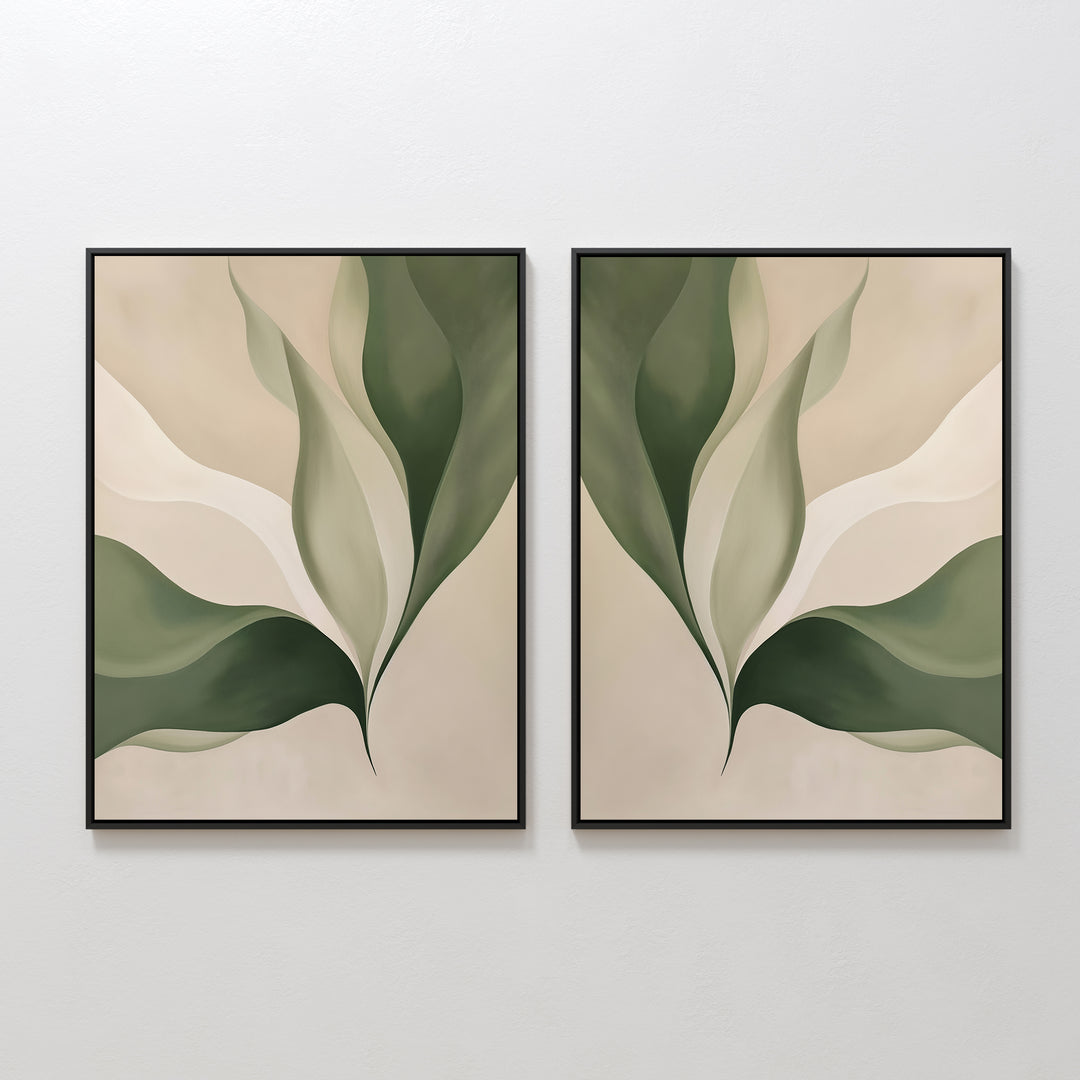 The Verdant Grace Set of 2 features framed abstract prints with green and beige leaf-like shapes on a light background, forming a mirrored botanical design—ideal minimalist wall art for your living room decor.