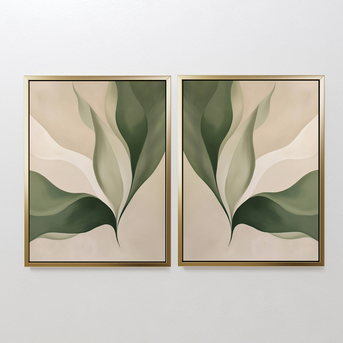 The Verdant Grace Set of 2 features abstract botanical prints with flowing green and beige leaves on a light background—modern framed wall art ideal for adding minimalist style to your living room decor.