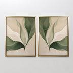 The Verdant Grace Set of 2 features abstract botanical prints with flowing green and beige leaves on a light background—modern framed wall art ideal for adding minimalist style to your living room decor.