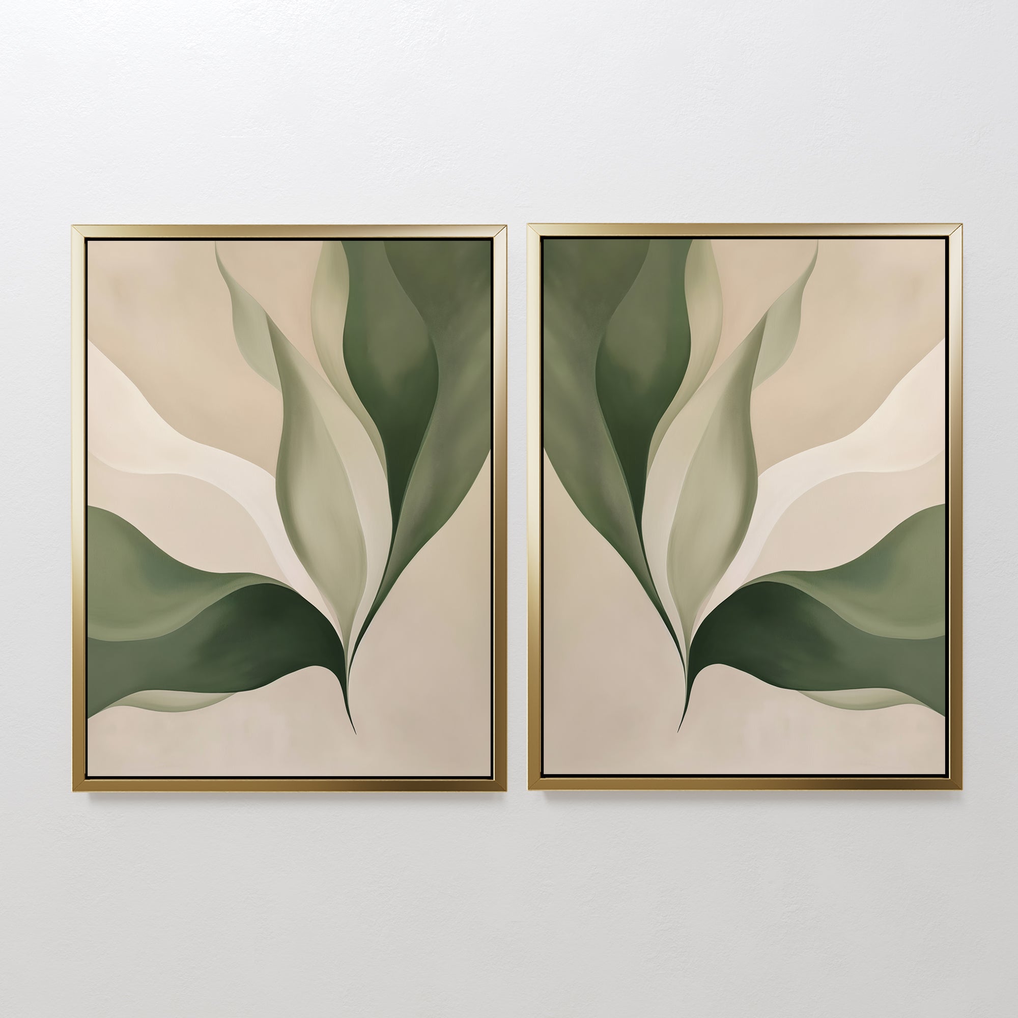 The Verdant Grace Set of 2 features abstract botanical prints with flowing green and beige leaves on a light background—modern framed wall art ideal for adding minimalist style to your living room decor.