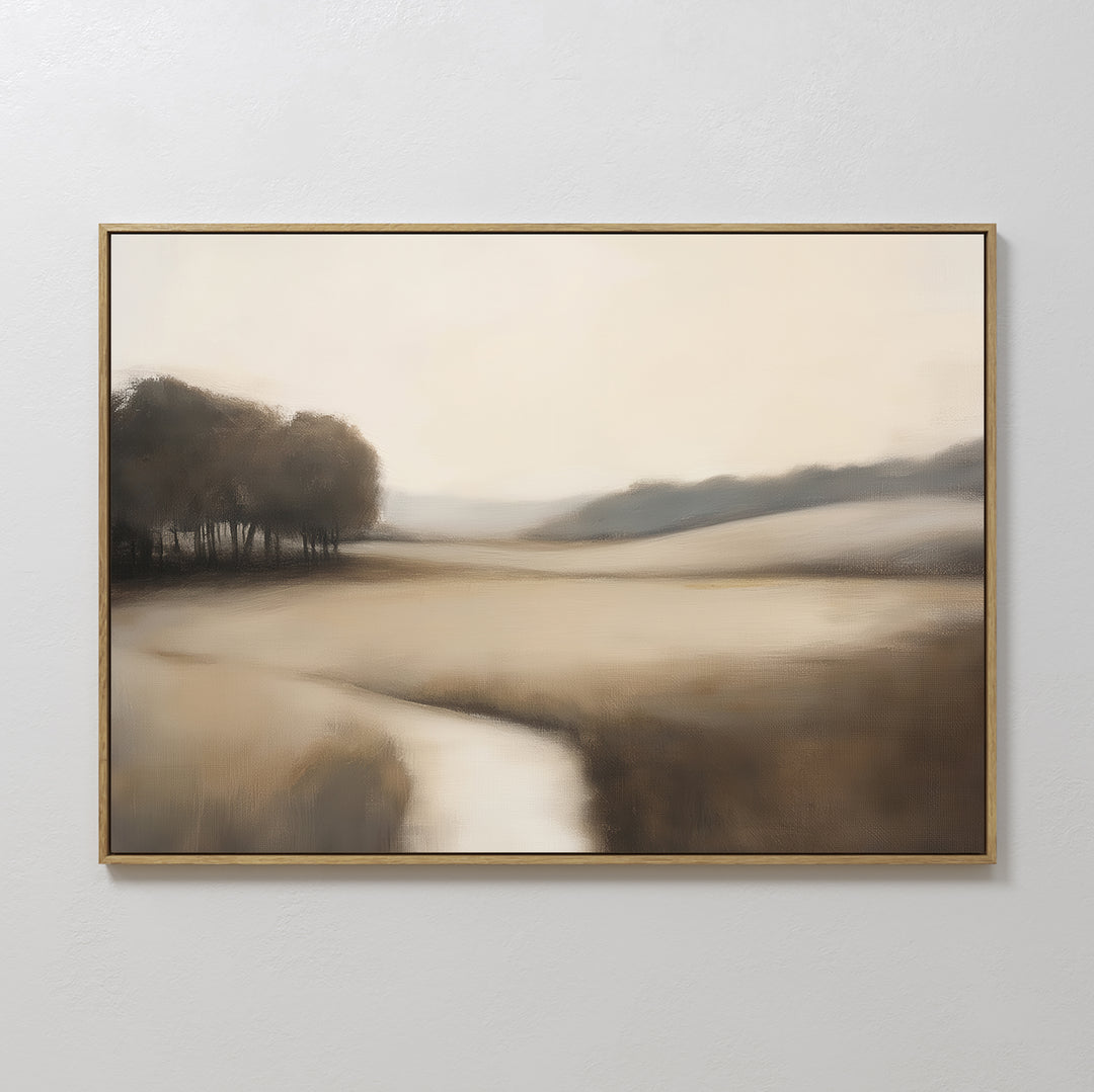 The Vintage Horizon Canvas Art – Horizontal features a serene landscape in soft brown and beige tones with trees and a winding stream, making it the ideal vintage wall art to add calm sophistication to your bedroom decor.