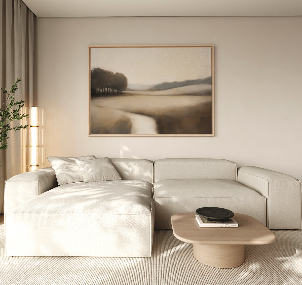 A minimalist living room with a light beige sectional sofa, wooden coffee table, Vintage Horizon Canvas Art – Horizontal on the wall, and a plant in the corner, all in soft neutral tones.
