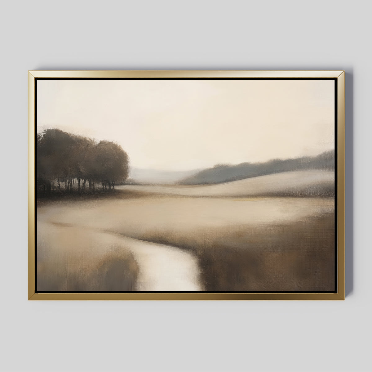 Vintage Horizon Canvas Art – Horizontal features a soft, muted landscape with a winding river, distant hills, and trees in beige and brown tones—ideal vintage wall art for elegant bedroom or home decor.
