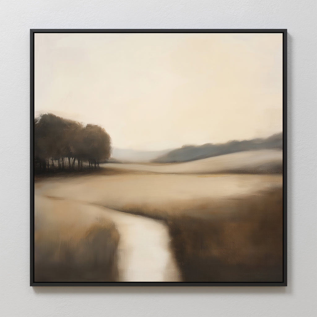 Vintage Horizon Canvas Art features a soft, foggy landscape with rolling hills, trees on the left, and a winding river—perfect minimalist or vintage wall art to elevate your living room decor.