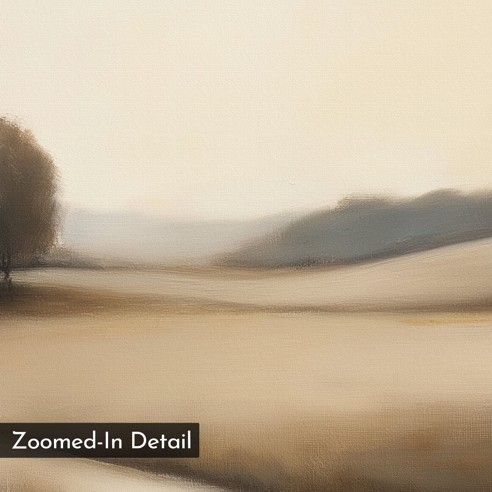 “Vintage Horizon Canvas Art” features a soft, blurred landscape in beige and gray with gentle hills, a tree on the left, and a hazy sky. Ideal minimalist wall art for living room decor. A label reads “Zoomed-In Detail.”.