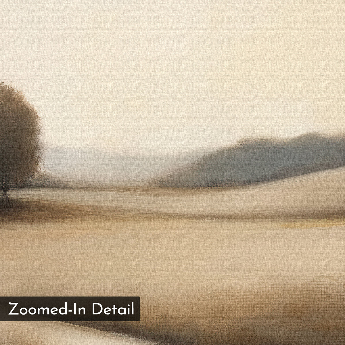 Vintage Horizon Canvas Art – Horizontal showcases a soft, blurry landscape in muted beige and brown, with distant hills and a lone tree on the left. “Zoomed-In Detail” is visible in the bottom left. Ideal as serene vintage wall decor for bedrooms.