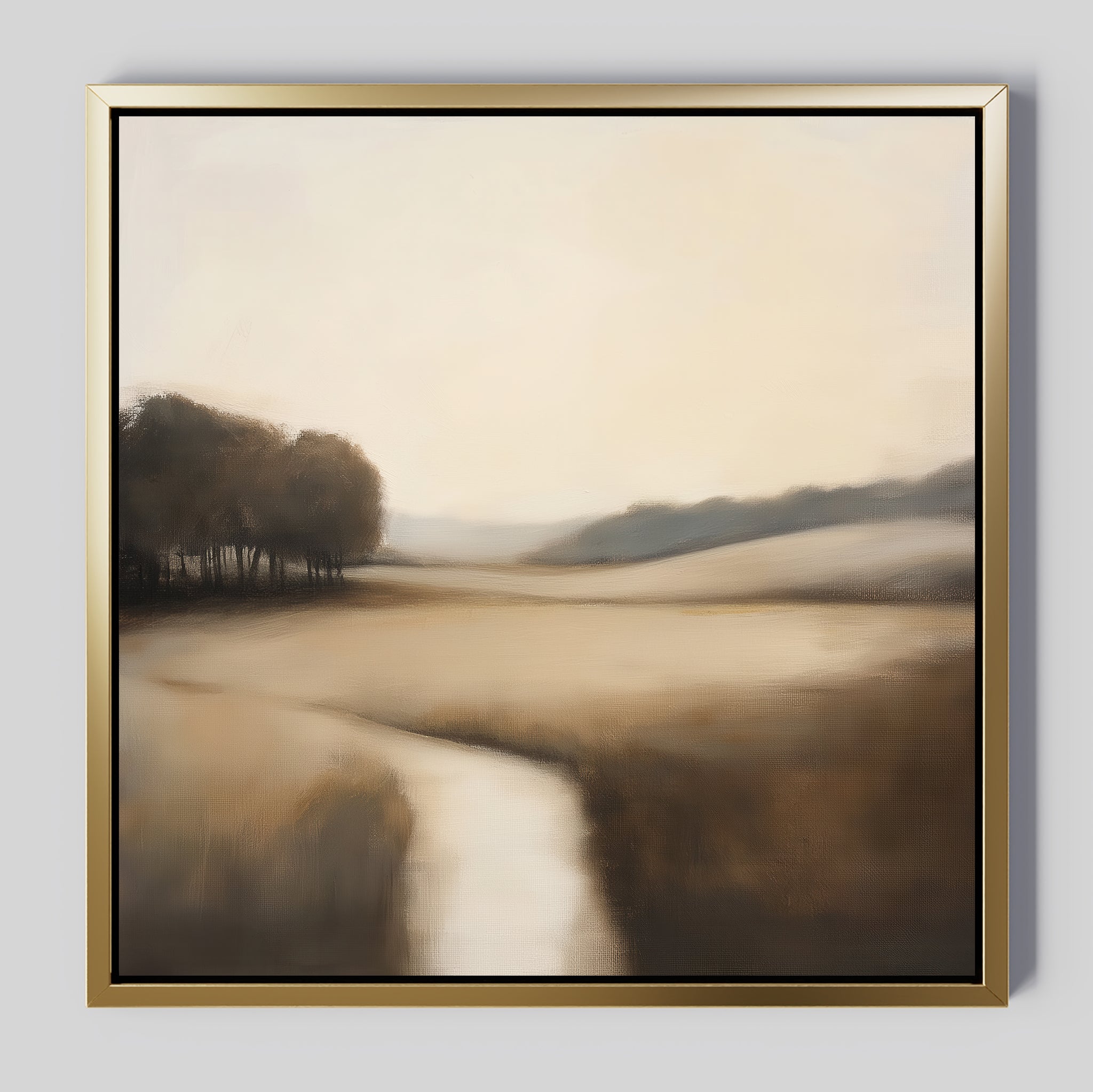 Vintage Horizon Canvas Art is a framed vintage wall decor featuring a tranquil landscape of a winding river, open fields, and trees beneath a hazy sky—ideal for bringing calm, peaceful charm to your living room.