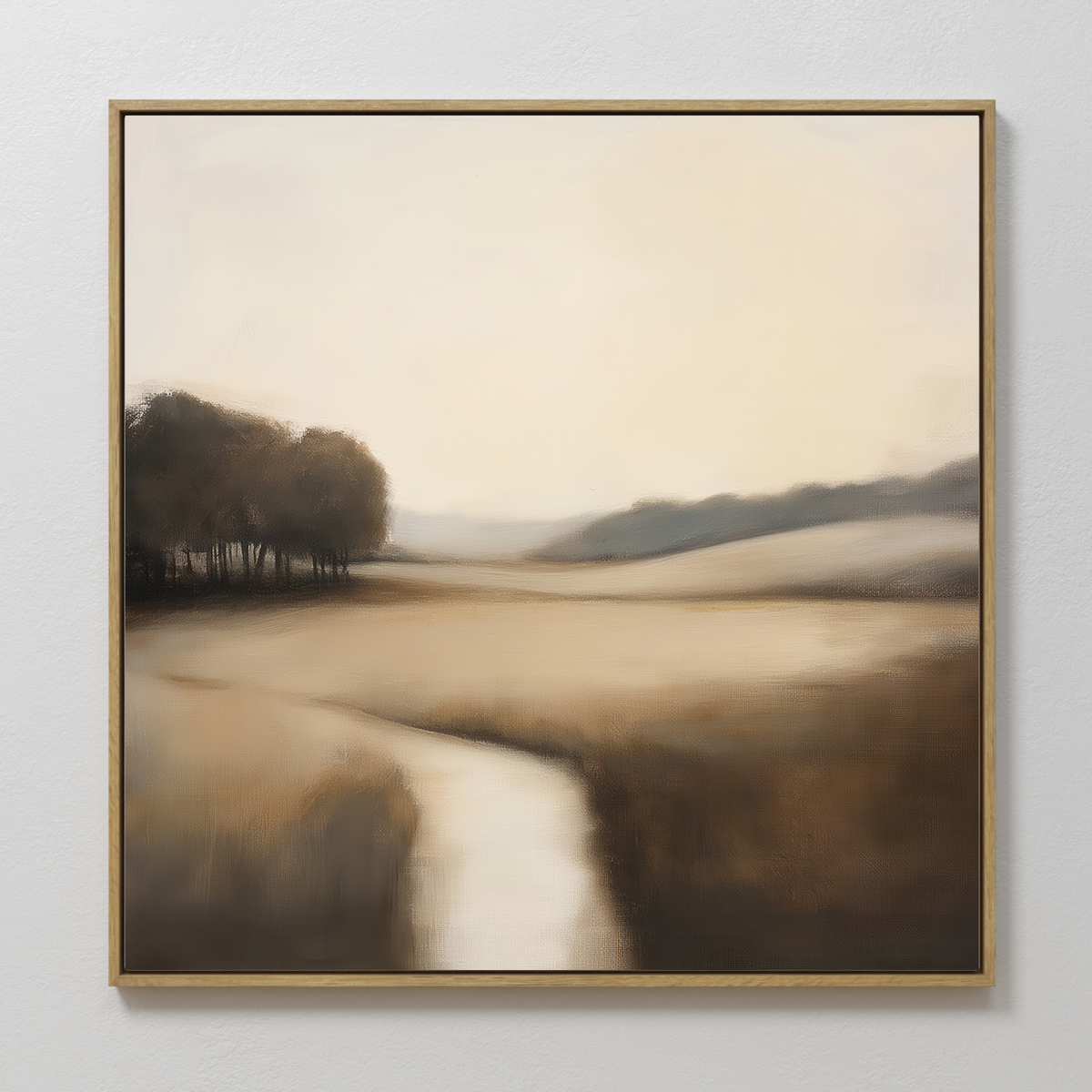 Vintage Horizon Canvas Art—an impressionistic framed painting featuring soft brown fields and a winding river beneath a pale sky—adds calm, minimalist elegance to your living room decor.