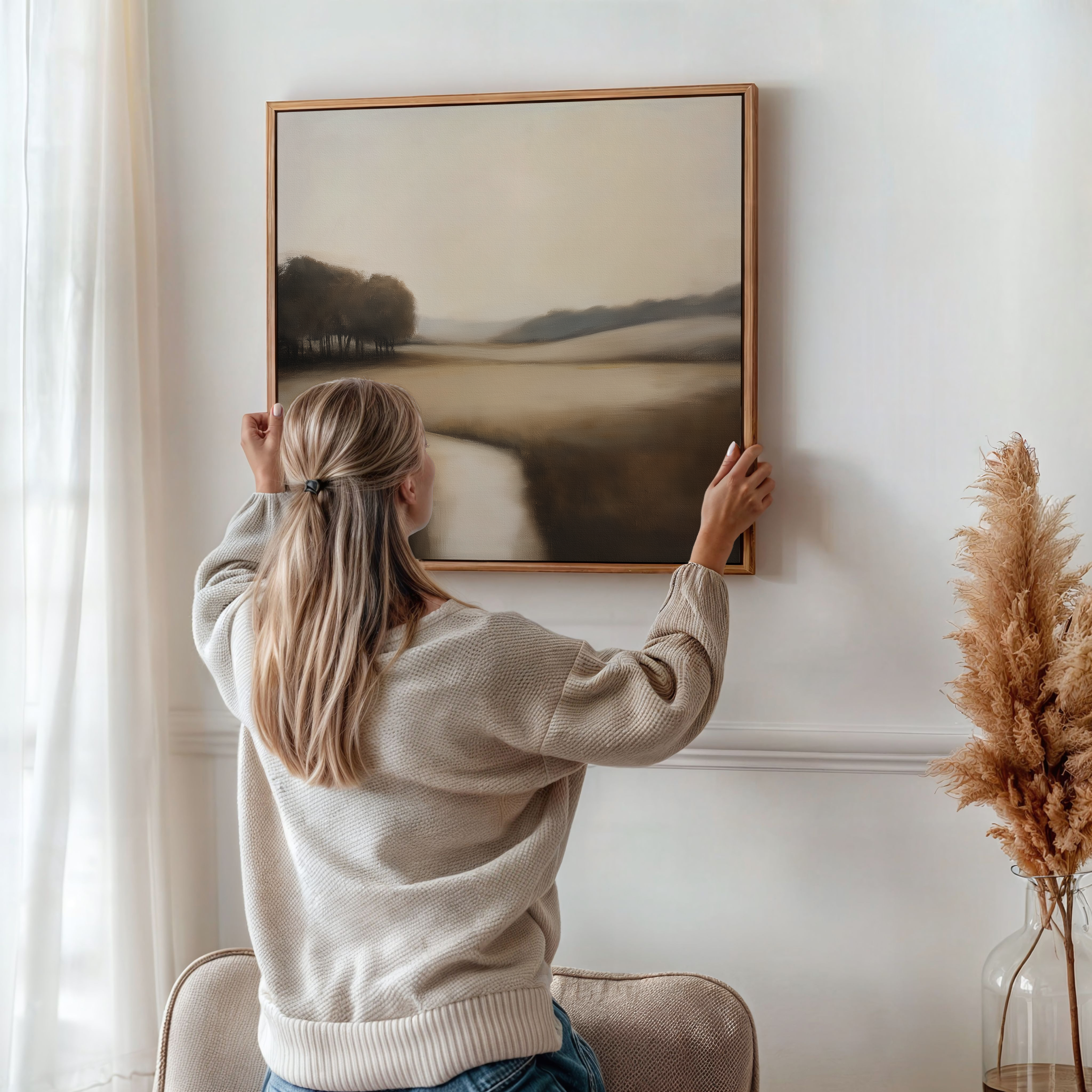 A woman with long blonde hair in a ponytail hangs the Vintage Horizon Canvas Art on a white wall in a bright, cozy room featuring pampas grass in a vase and sheer curtains.