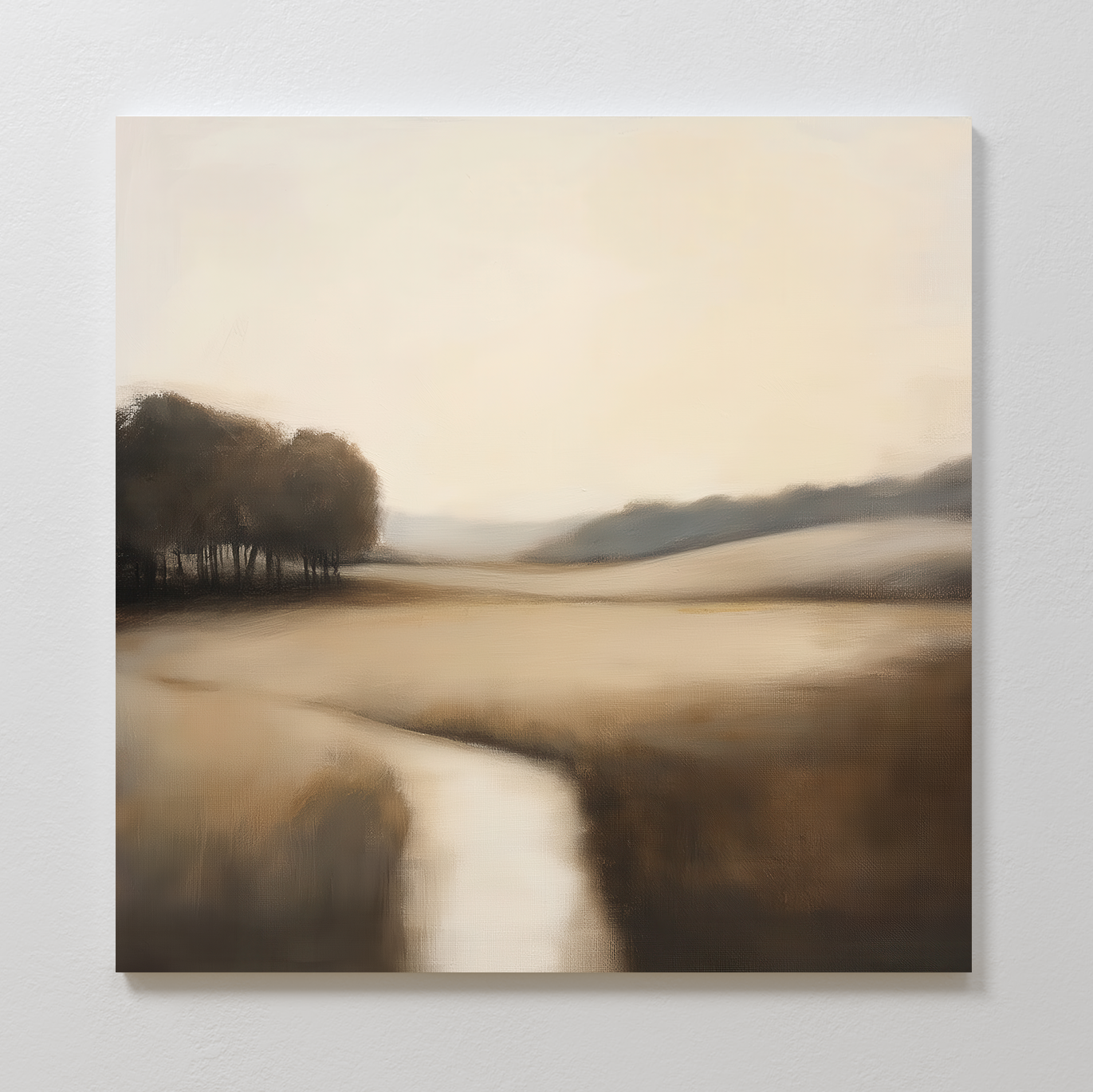 The Vintage Horizon Canvas Art features a soft, sepia-toned landscape with a winding stream and open fields under a hazy sky, bringing timeless charm to any living room decor.