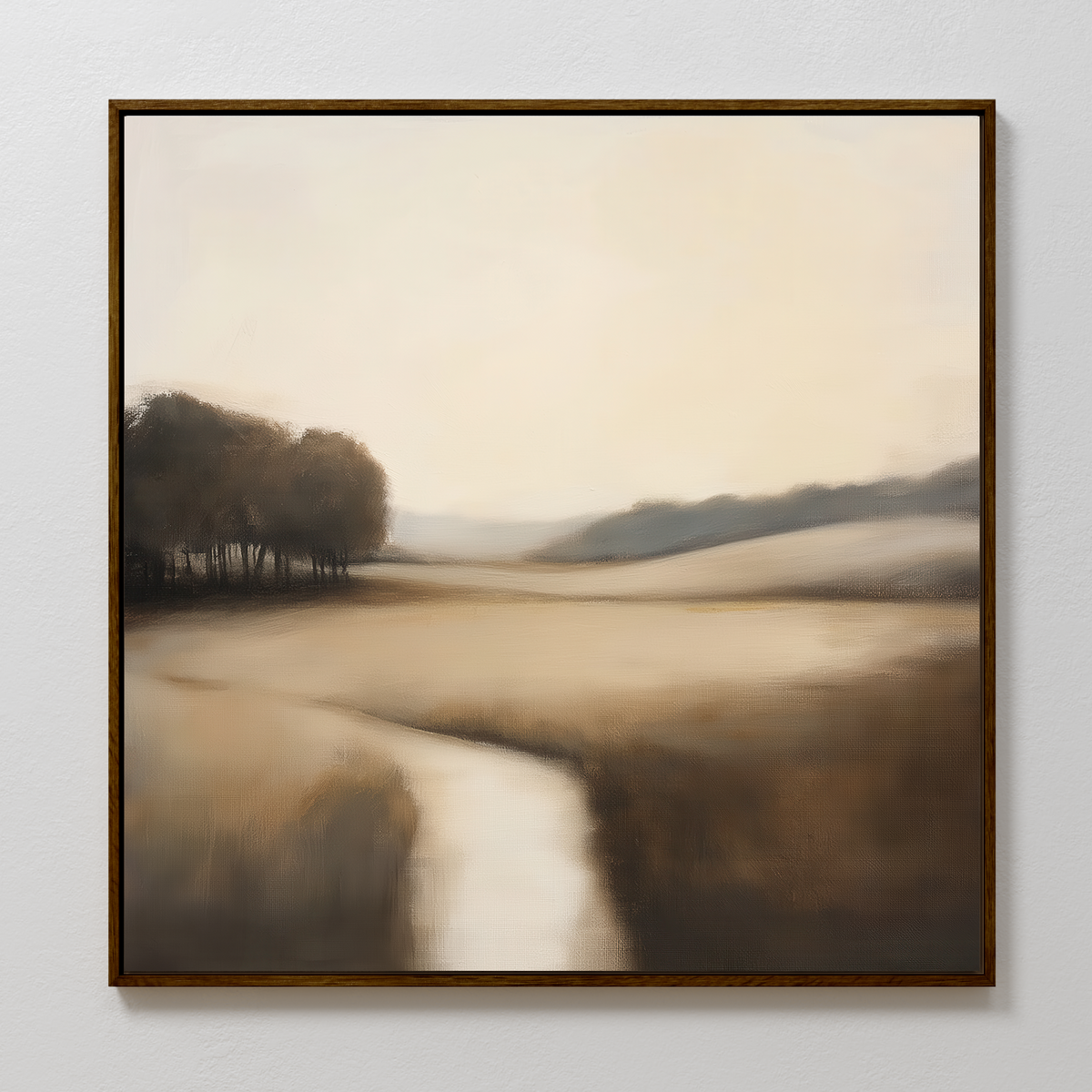 The Vintage Horizon Canvas Art features a serene landscape with a winding stream, open fields, and trees under a pale sky in muted sepia tones—perfect for adding a dreamy touch to your living room decor.