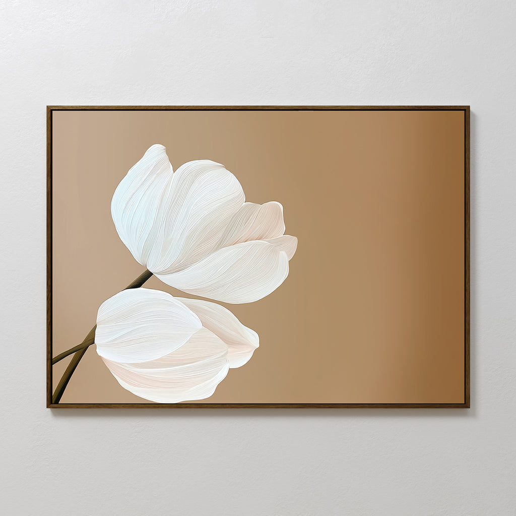 Tulips Abstract Canvas Art features two soft white tulips on a smooth light brown background, offering minimalist style and a modern touch to any white wall.