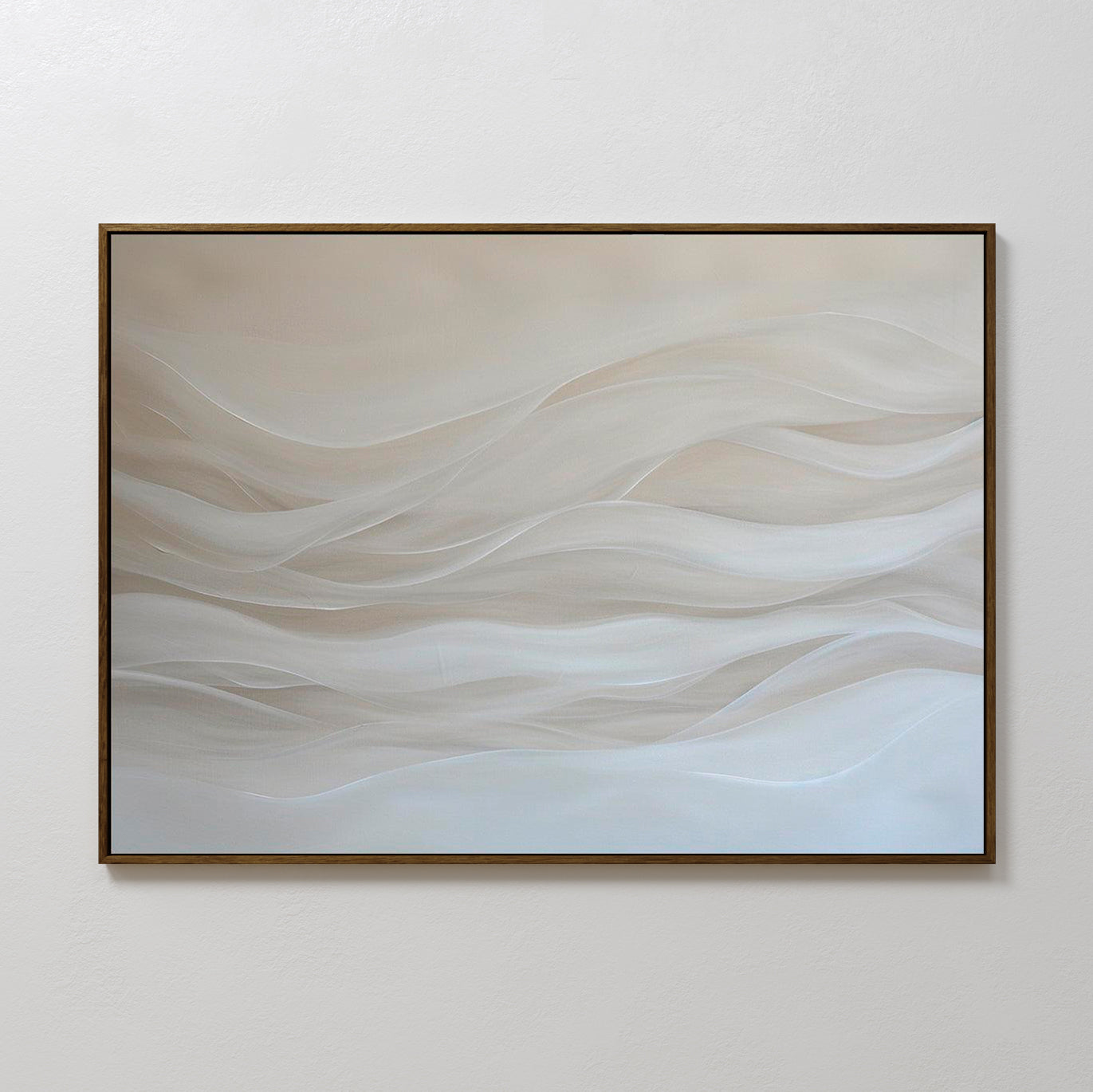 Sandy Hues Abstract Canvas Art features soft white and beige waves on a pale background in a thin dark frame. This minimalist piece brings calm and gentle movement, making it ideal for modern living room decor.