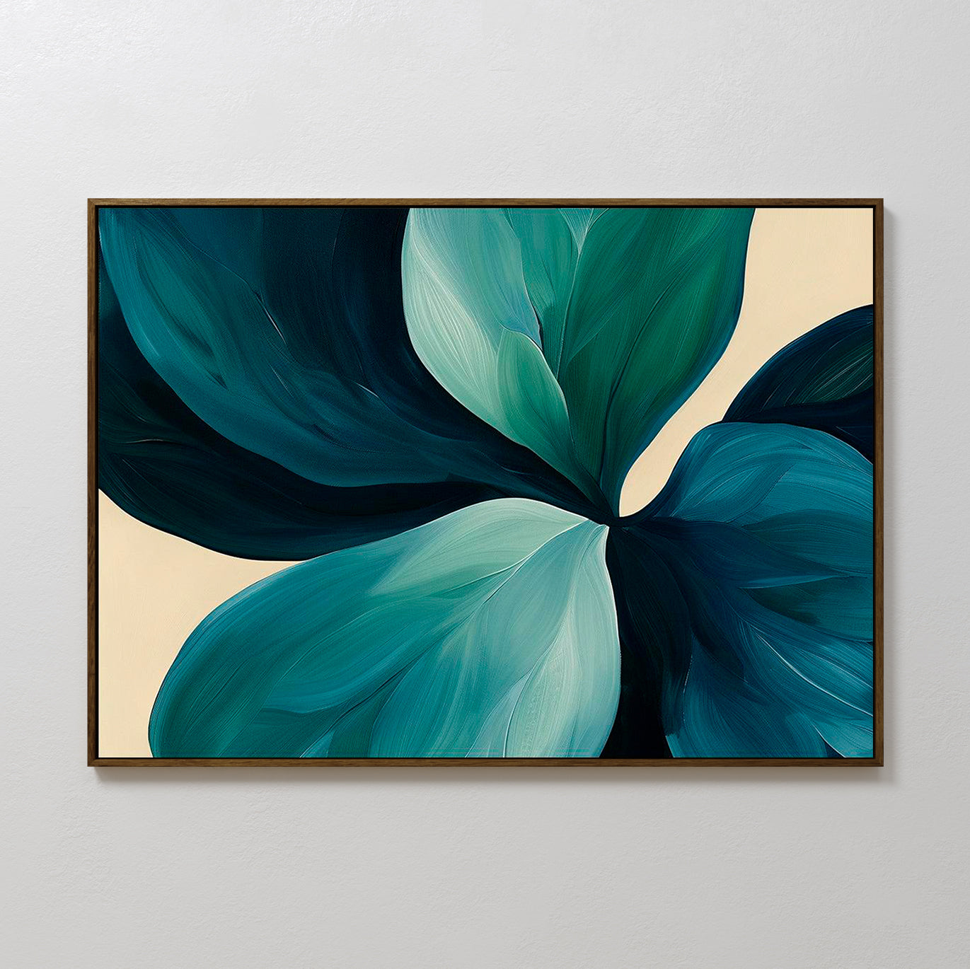 The Lush Teal Foliage Abstract Canvas Art features large overlapping green and teal leaves on a light beige background, ideal for decorating your living room and hanging on a white wall.