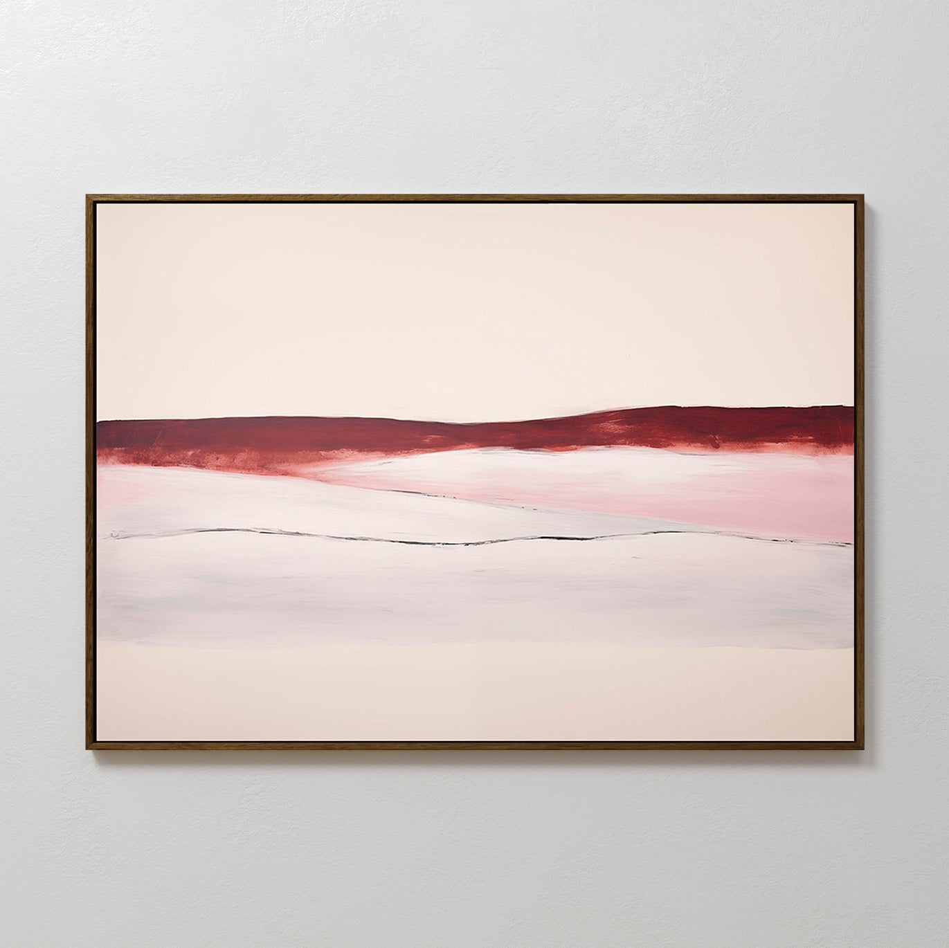 Crimson Horizon Abstract Canvas Art features minimalist bands of red, pink, and white with a dark red line near the top, softly blended hues below, and a thin dark frame—ideal modern wall art for your living room.