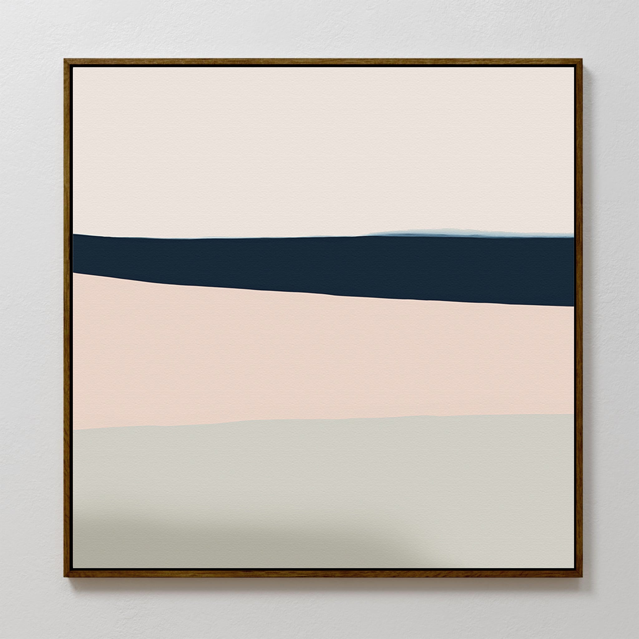 The Coastal Blend Abstract Canvas Art showcases horizontal bands in beige, navy blue, blush pink, and light gray with a dark wood frame—ideal for introducing modern style to your living room decor on a crisp white wall.