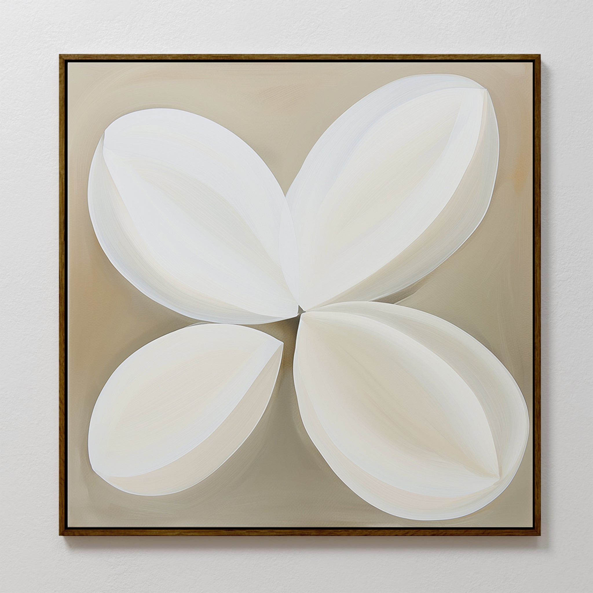 Clover Harmony Abstract Canvas Art features four large, white petal-like shapes arranged symmetrically on a beige background with a slim dark border—an elegant addition to modern living room decor.