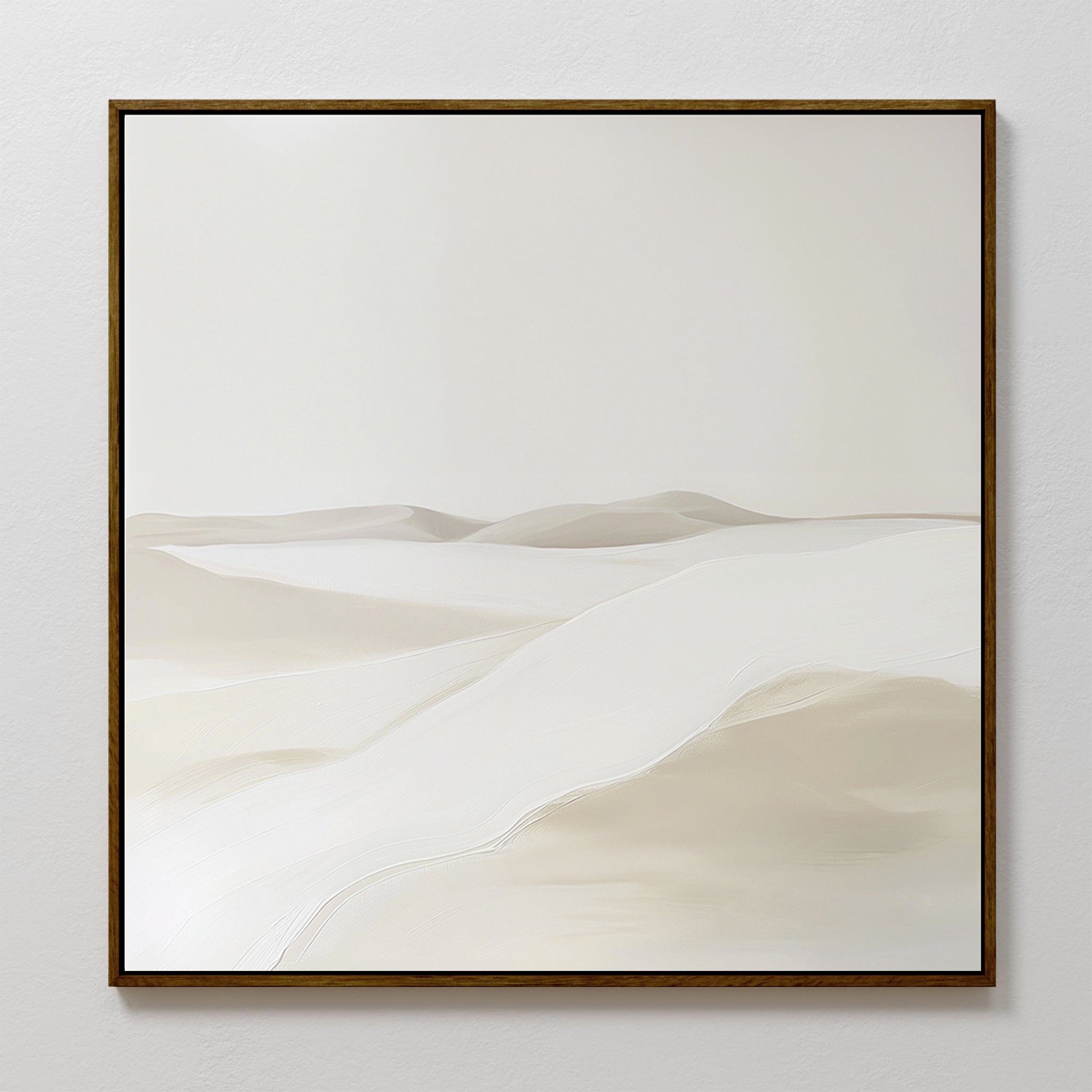 Misty Vale Abstract Canvas Art features soft, rolling sand dunes in neutral beige and white on a pale backdrop, creating a calm, minimalist desert landscape—perfect as serene bedroom wall decor.