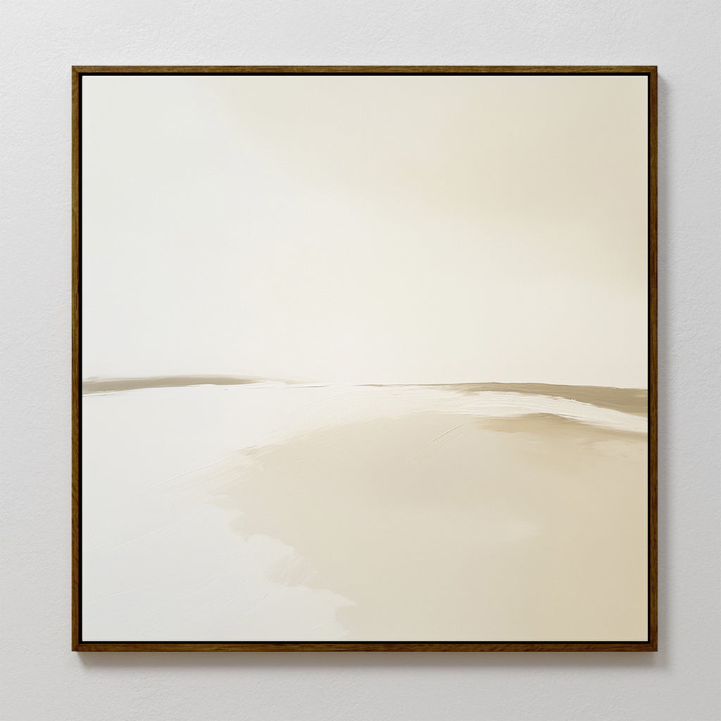 Serene Expanse Abstract Canvas Art features a minimalist landscape in soft beige and white, evoking sand dunes. Framed in a slim dark frame, this modern wall art is ideal for enhancing your living room with soothing, neutral décor.