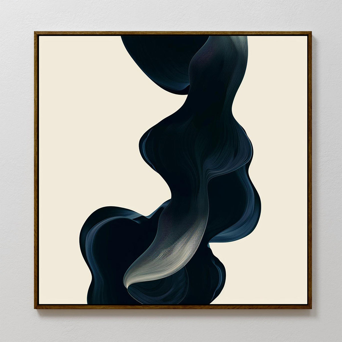 Nocturnal Wave Abstract Canvas Art features a flowing, dark ribbon-like form with soft curves on a light beige background. This minimalist framed wall art adds movement and contrast, ideal for modern living room decor.