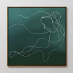 Elevate your living room decor with the Azure Silhouette Abstract Canvas Art—a minimalist line drawing of a woman with flowing hair on a green background, framed in simple wood for modern appeal.