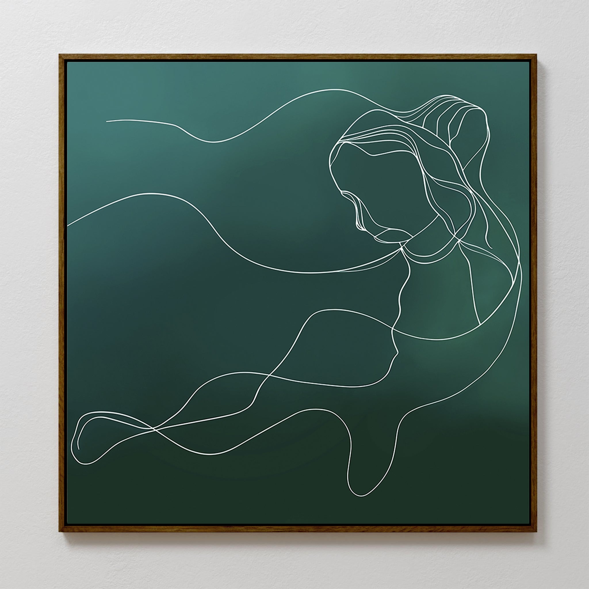 Elevate your living room decor with the Azure Silhouette Abstract Canvas Art—a minimalist line drawing of a woman with flowing hair on a green background, framed in simple wood for modern appeal.