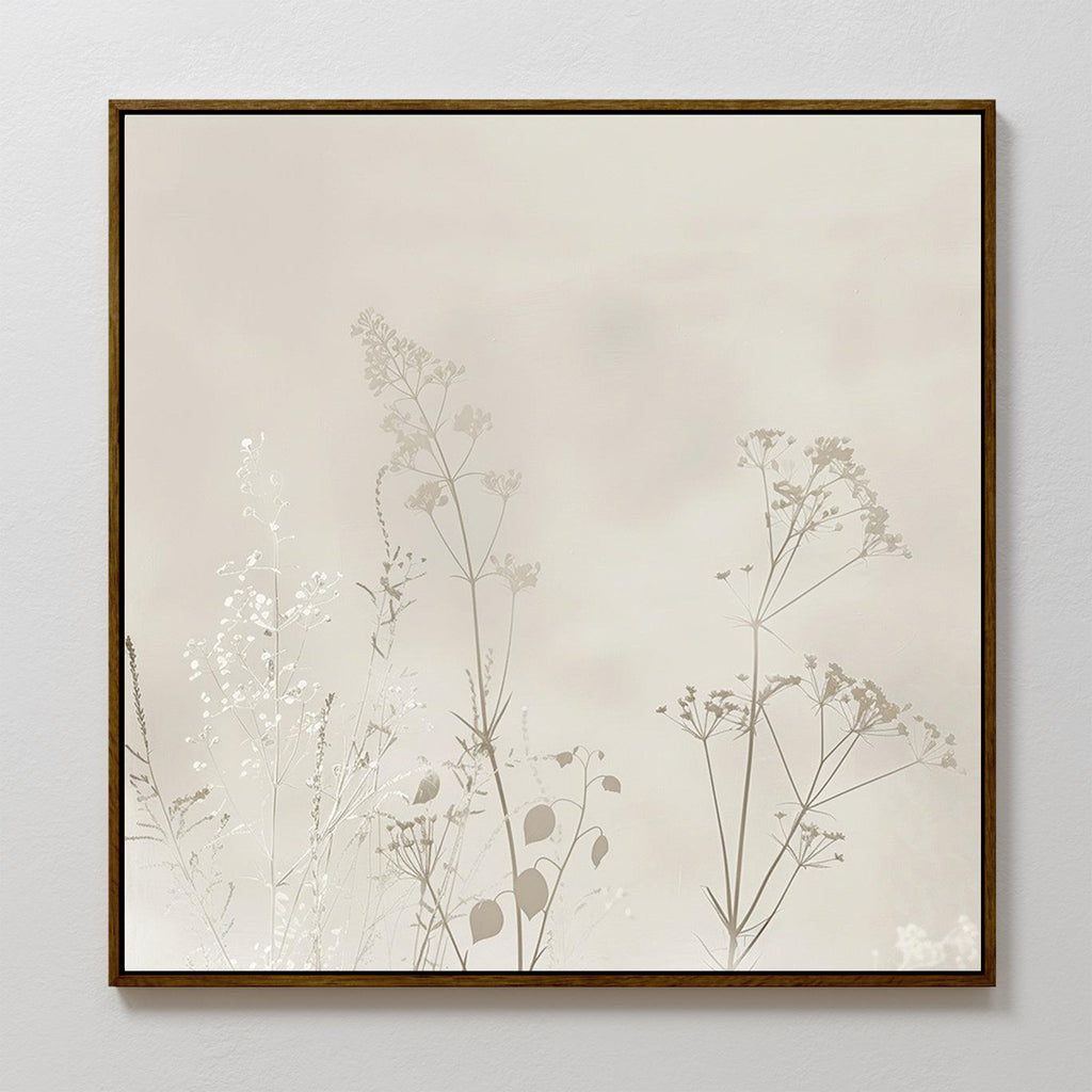The Floral Symphony Abstract Canvas Art showcases minimalistic wildflower and grass silhouettes in soft beige and cream on a neutral background, making it ideal minimalist wall decor for a serene living room.