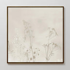 The Floral Symphony Abstract Canvas Art showcases minimalistic wildflower and grass silhouettes in soft beige and cream on a neutral background, making it ideal minimalist wall decor for a serene living room.