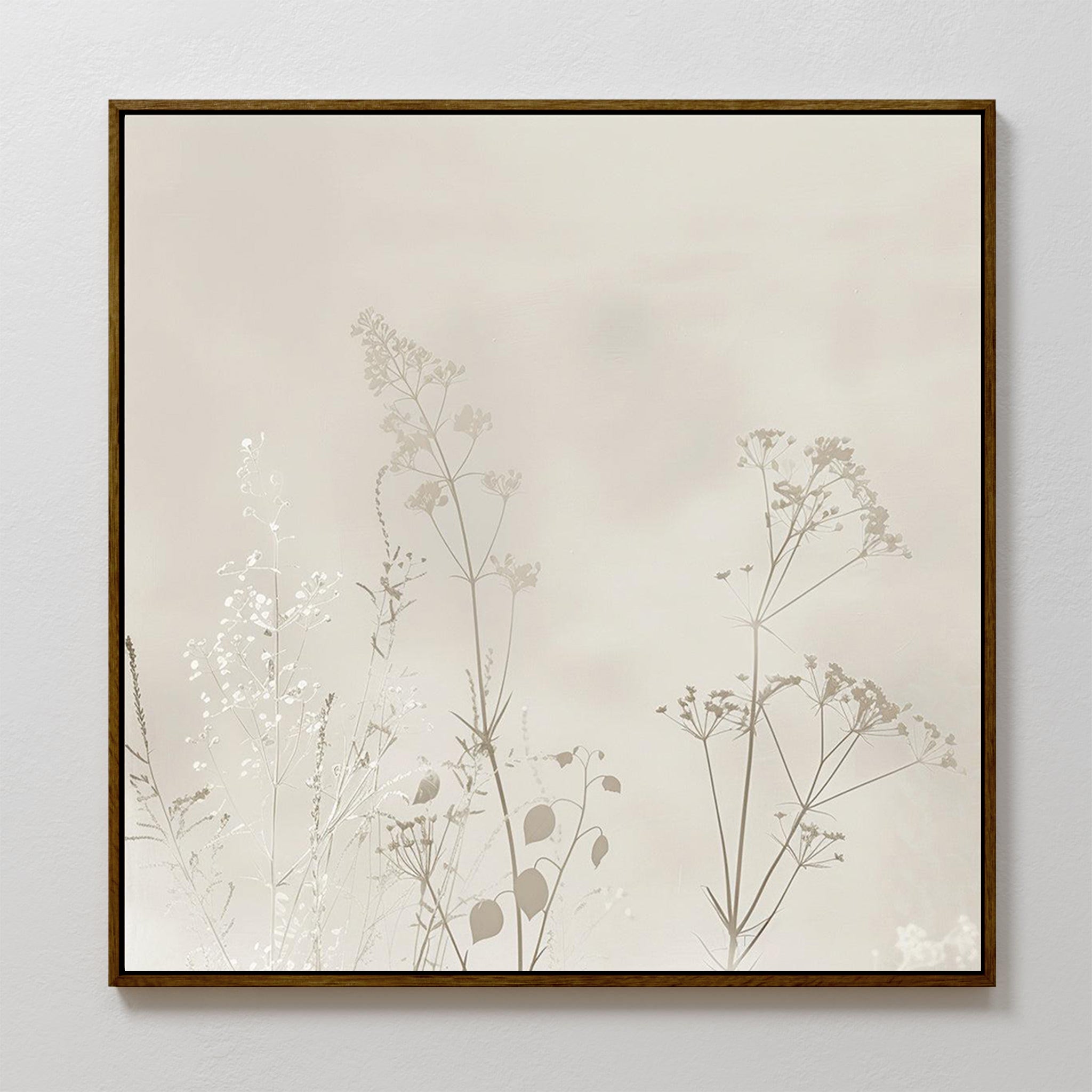 The Floral Symphony Abstract Canvas Art showcases minimalistic wildflower and grass silhouettes in soft beige and cream on a neutral background, making it ideal minimalist wall decor for a serene living room.