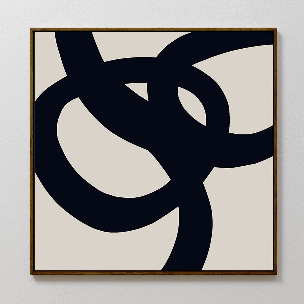 Monochrome Stream Abstract Canvas Art features bold black interlocking curves on a light beige background, framed and ready to elevate your living room with minimalist style.
