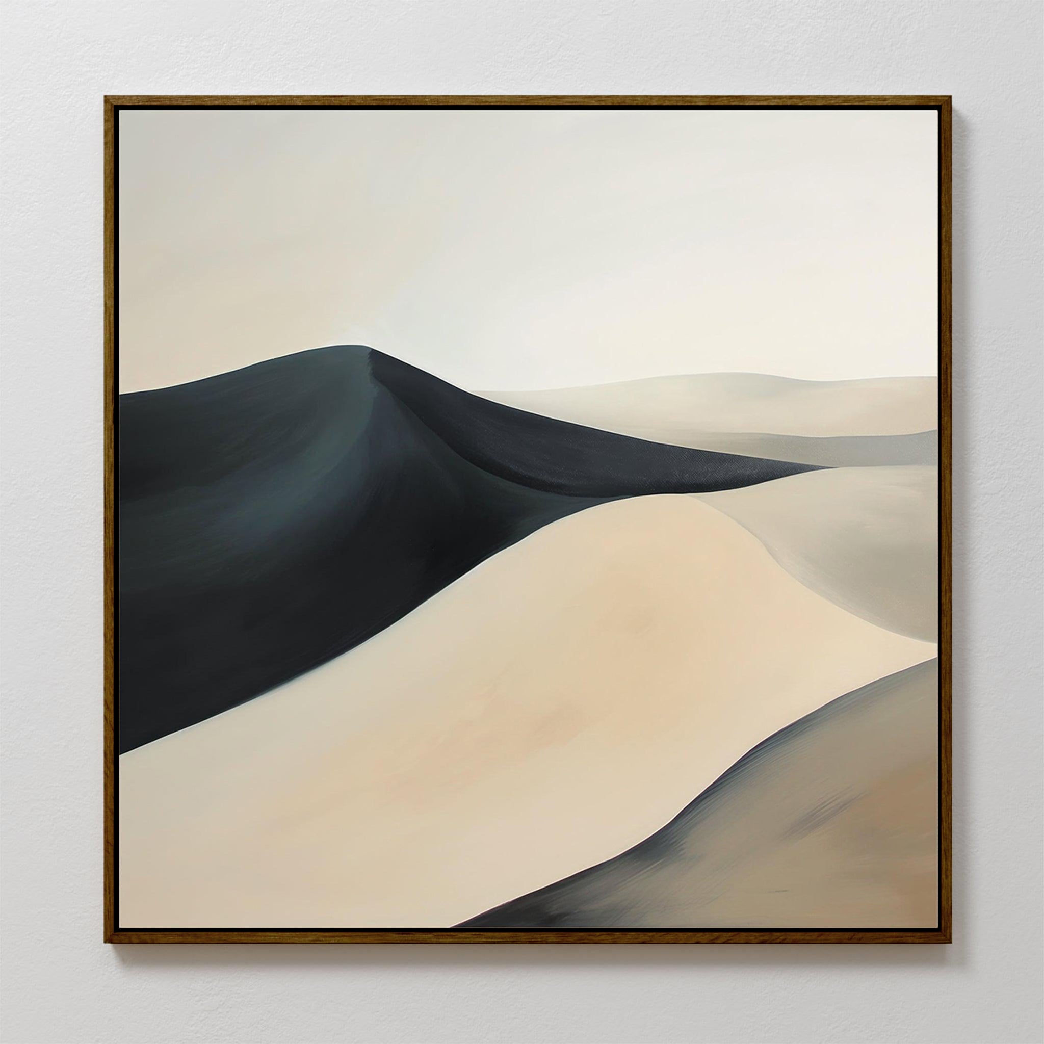 Black Veil Abstract Canvas Art showcases minimalist sand dunes in neutral tones with soft curves and gradients of beige, cream, and dark gray, simply framed on a white wall—an ideal modern living room decor piece.