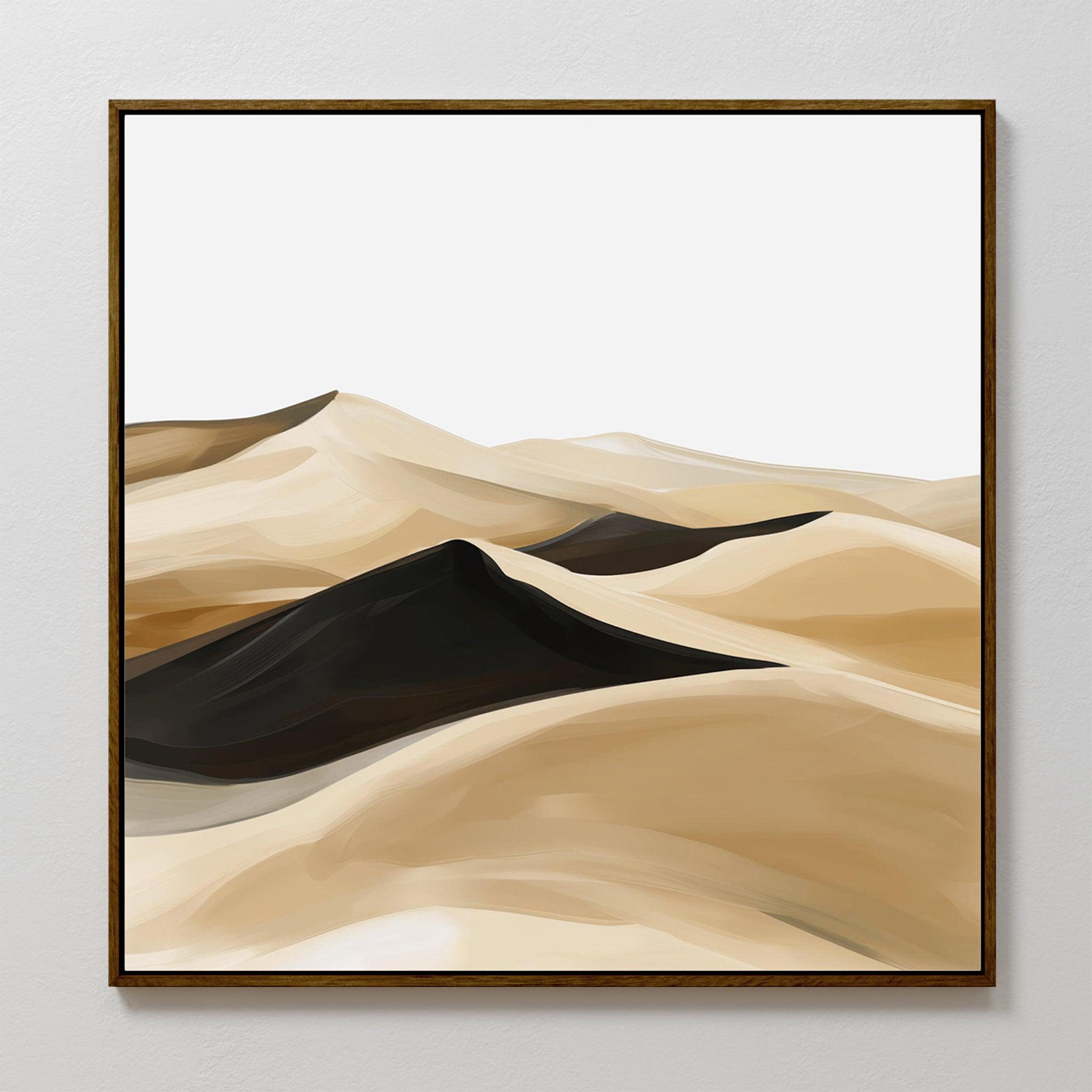 Dune Waves Abstract Canvas Art showcases flowing beige, brown, and black sand dunes in a minimalist style. Finished with a slim dark frame, it brings sophisticated elegance to any modern living room decor.