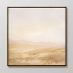 Sunlit Meadows Abstract Canvas Art features soft, pastel landscapes with gentle hills and grassy fields in muted beige and cream tones, creating a calm and serene atmosphere. Framed for a polished finish.