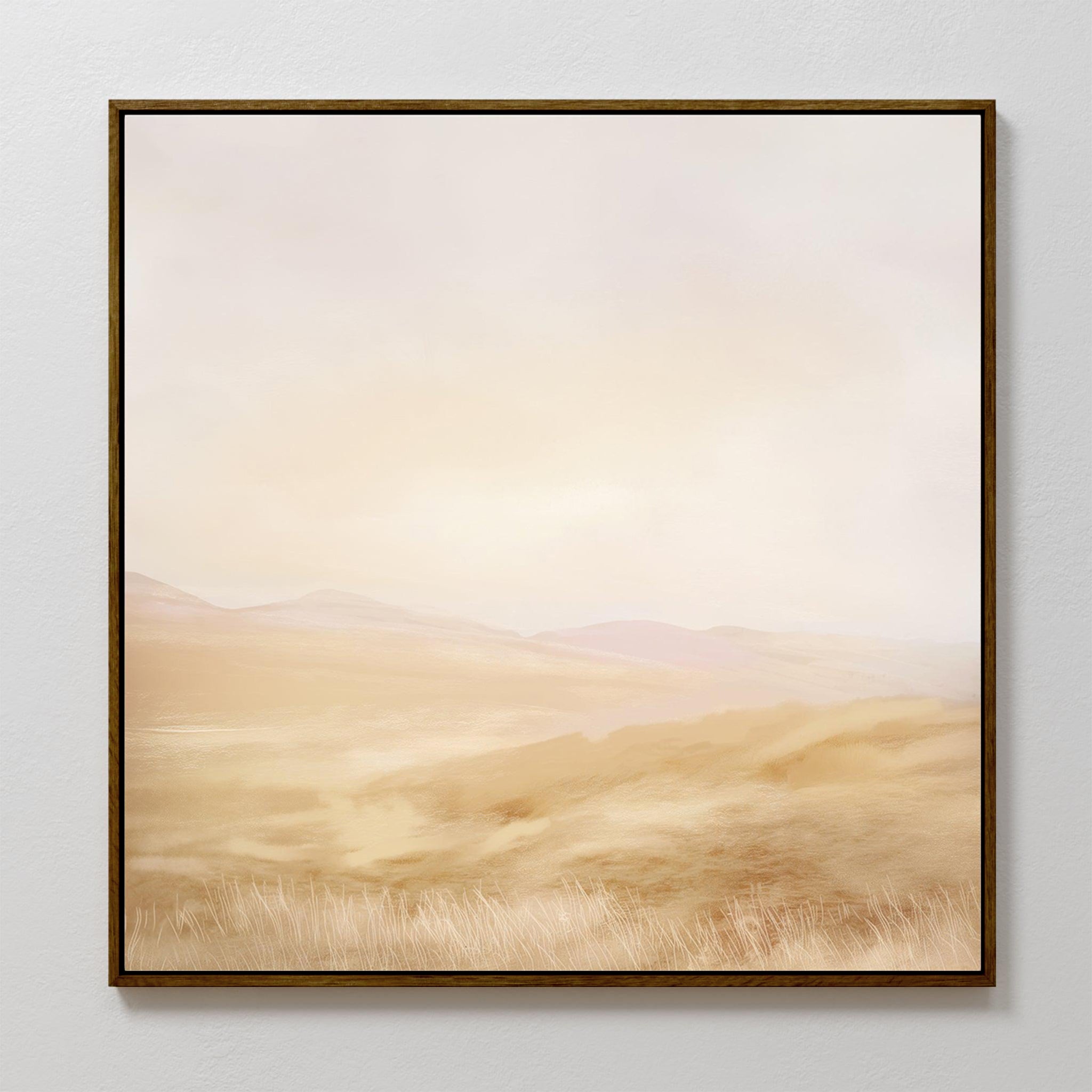 Sunlit Meadows Abstract Canvas Art features soft, pastel landscapes with gentle hills and grassy fields in muted beige and cream tones, creating a calm and serene atmosphere. Framed for a polished finish.