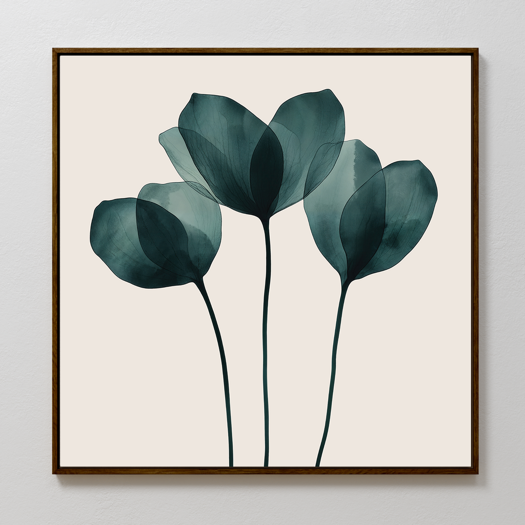 The Leafy Balance Canvas Art is a minimalist set featuring three abstract teal flowers with translucent petals and long stems on a light beige background in a thin brown wood frame, perfect for modern living room decor.