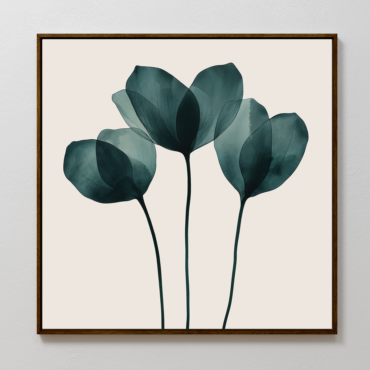 The Leafy Balance Canvas Art is a minimalist set featuring three abstract teal flowers with translucent petals and long stems on a light beige background in a thin brown wood frame, perfect for modern living room decor.