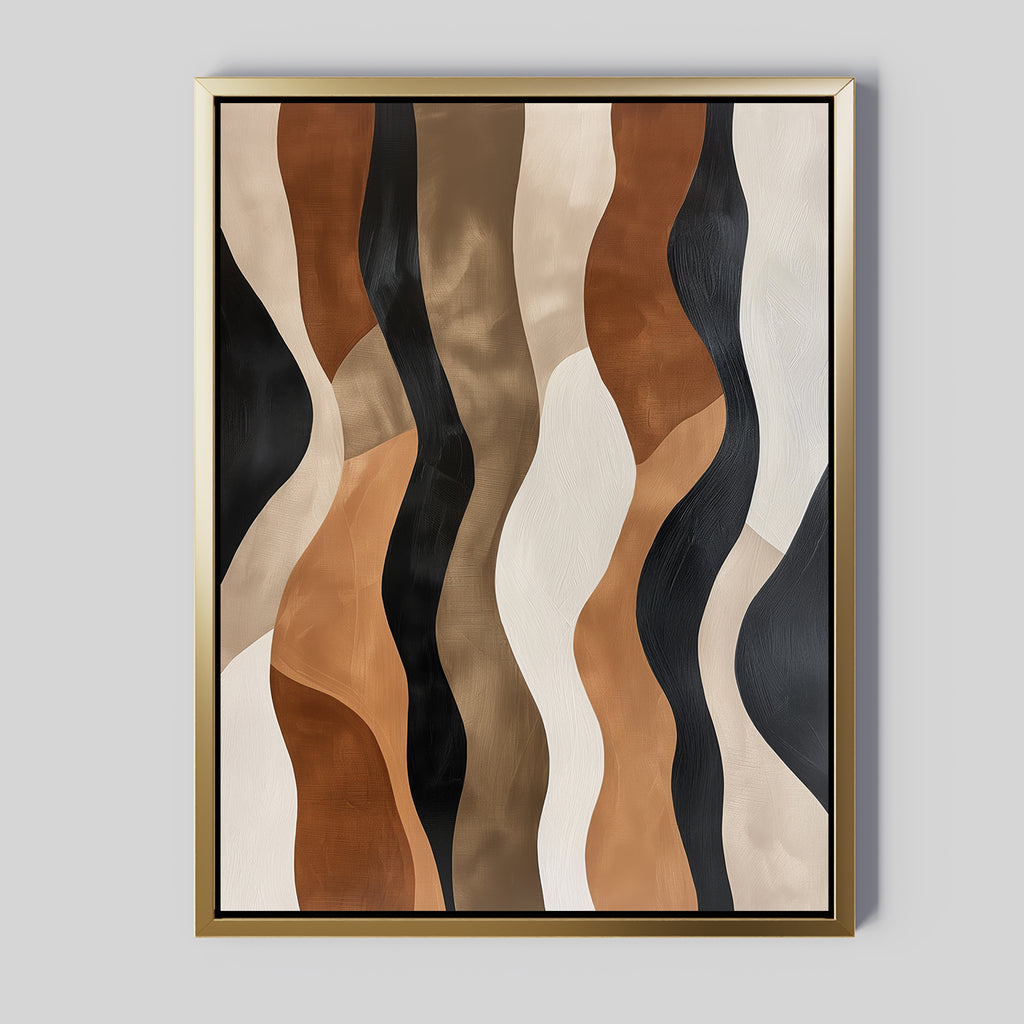 Wavy Patterns Abstract Canvas Art features wavy vertical bands in black, brown, beige, and cream tones. Elegantly set in a thin gold frame against a light gray background, this modern wall art adds sophistication to any space.